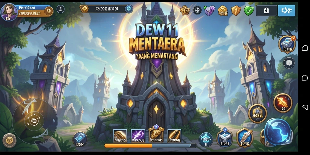 Tangkapan layar gameplay DEWI11 yang menunjukkan pertahanan menara melawan serangan musuh.