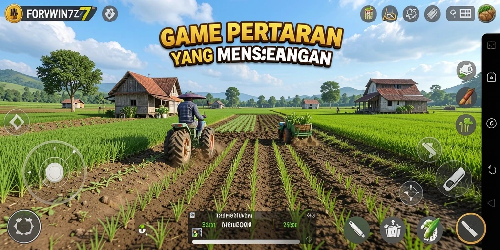 Tampilan gameplay seru di FORWIN77 yang menunjukkan aktivitas pertanian.