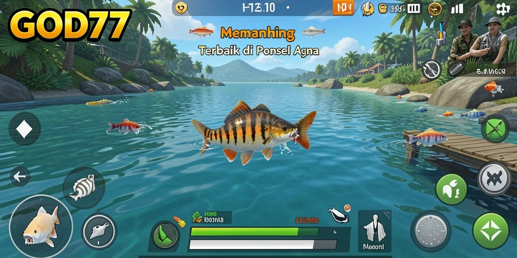 Screenshot gameplay yang menunjukkan keseruan memancing di GOD77.