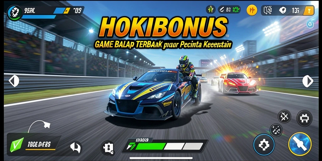 Screenshot gameplay HOKIBONUS dengan mobil balap yang menampilkan aksi cepat.