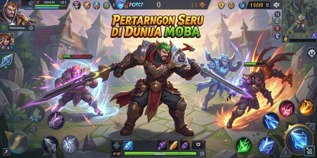 Tampilan gameplay PCPC7 dalam arena pertarungan MOBA yang intens.