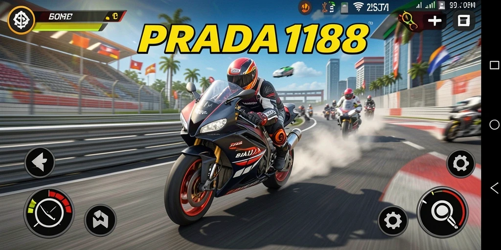 Screenshot menunjukkan aksi balap motor yang seru di PRADA188.