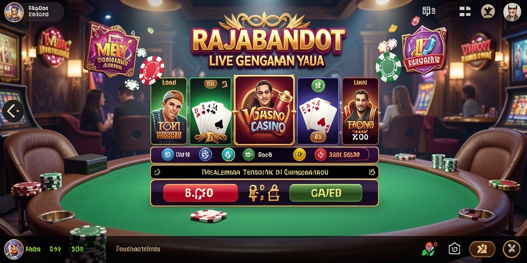Screenshot gameplay RAJABANDOT menampilkan dealer langsung dan suasana kasino yang realistis.