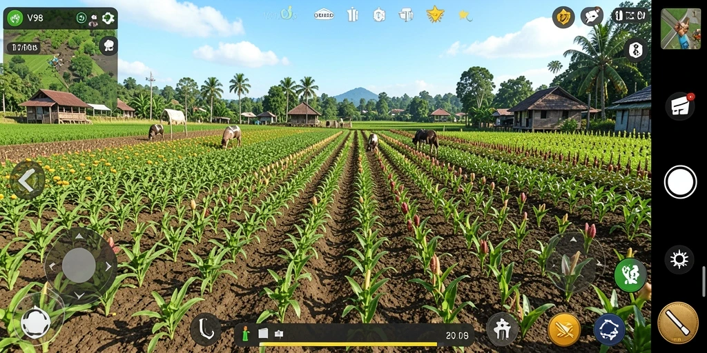 Tangkapan layar gameplay V98 menampilkan pengalaman bertani yang menyenangkan.
