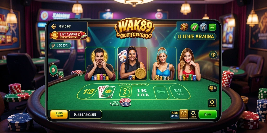 Tangkapan layar gameplay WAK89 yang menampilkan dealer dan pemain dalam suasana Live Casino.